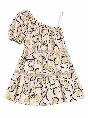 Velvet One-Shoulder Floral Dress in Cream/Yellow/Black